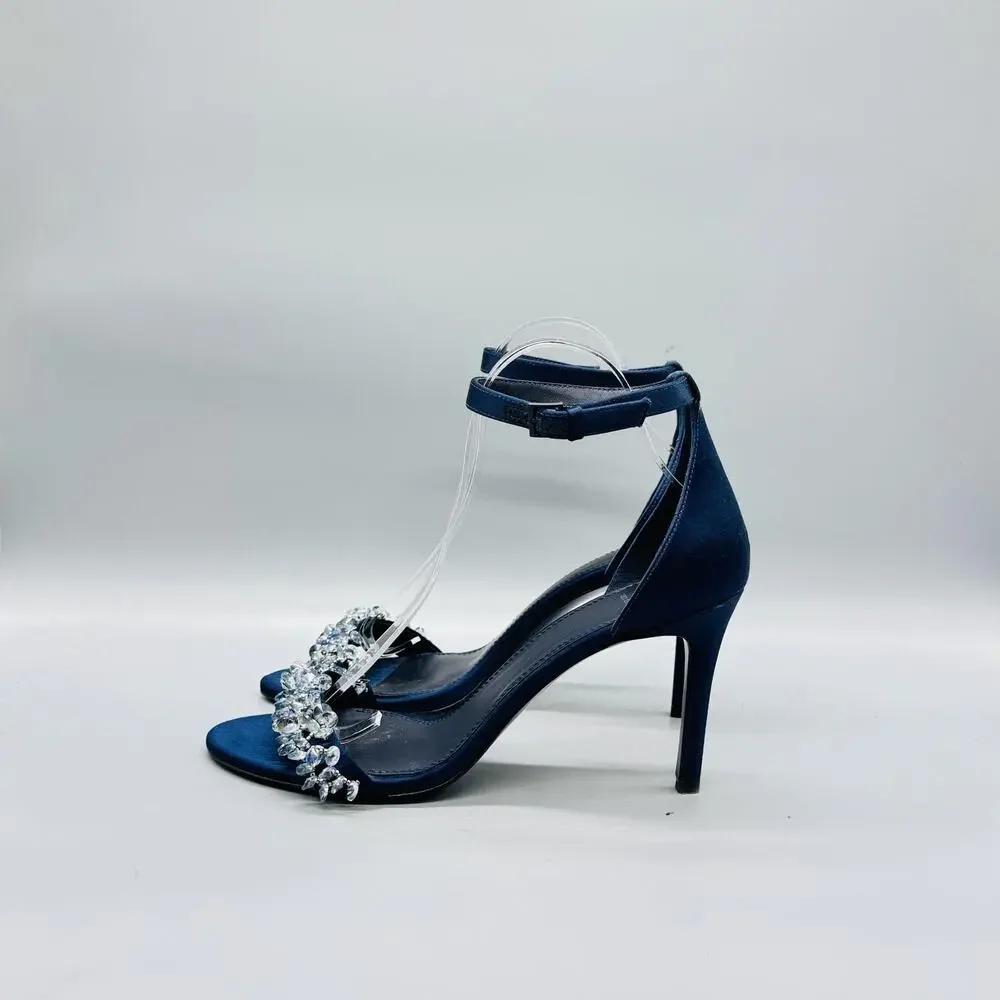 Tory Burch Navy Blue Crystal Embellished Ankle Strap Heels